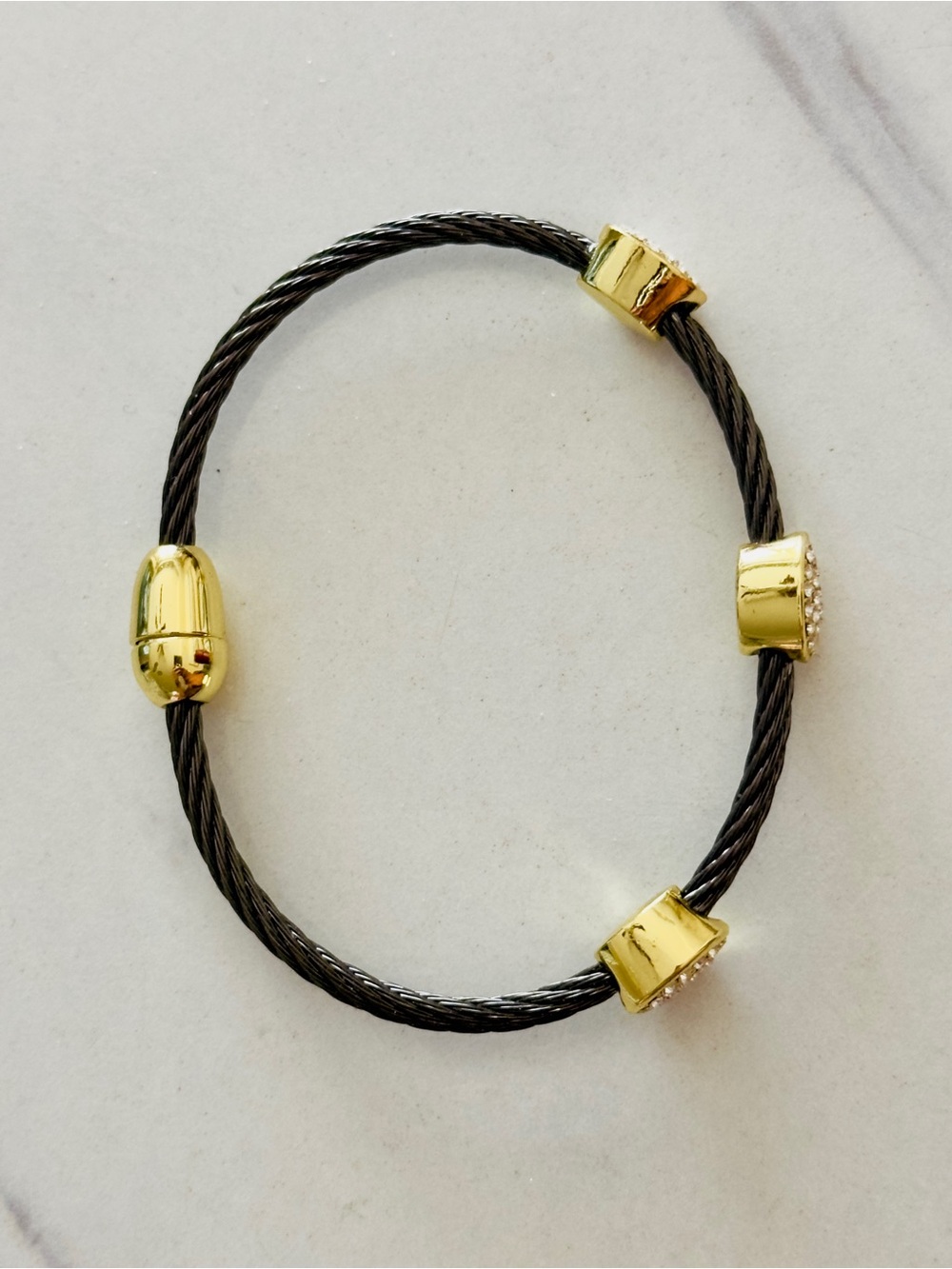 Black Twisted Cable with Gold Station Bangle Bracelet - Picture 2 of 3